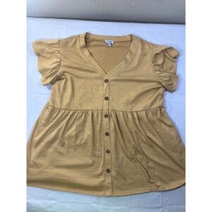 Avenue Mustard Yellow Ribbed Button Front Flutter Sleeve Top Plus Size‎ 14 16